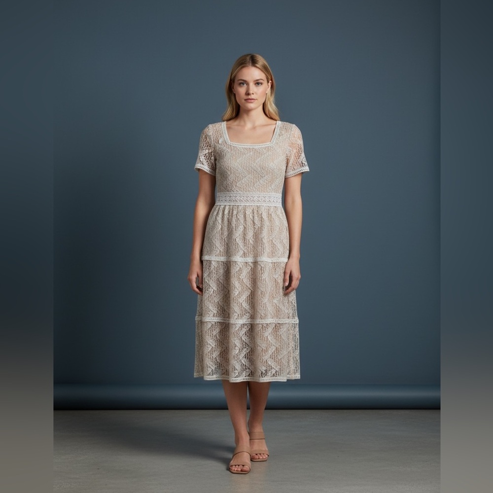 Bohme Cottagecore Romantic Ivory Lace Vittoria Windsor Square Neck Midi Dress S